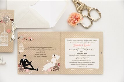 invitatie de nunta chic patrata cu buline si crenguta cu pasari si colivie alba