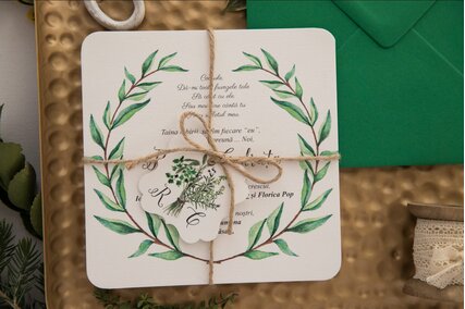invitatie vintage cu coronita de frunze cu sfoara legata si fundita