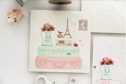 invitatie de nunta chic patrat cu valiza si paris cu flori