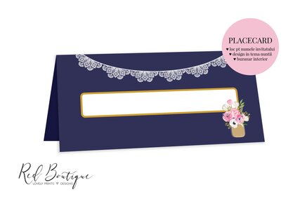 plic pentru bani de nunta albastru inchis cu dantela alba si flori roz in borcan