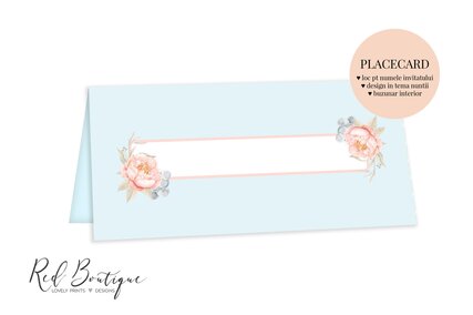 placecard cu buzunar albastru cu flori crem si portocalii