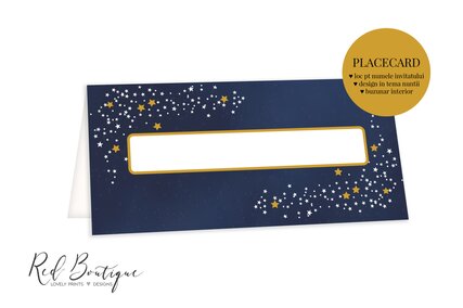 placecard albastru inchis cu luna si stele si loc pentru nume invitati
