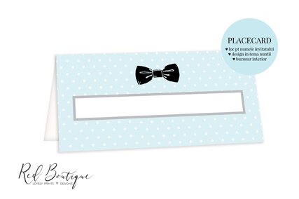 placecard albastru cu papion pentru botez