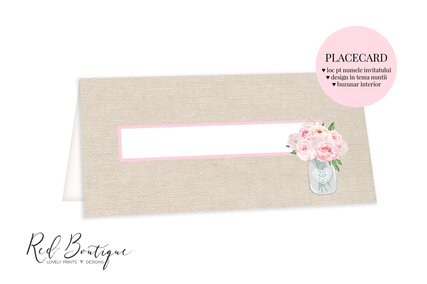 placecard vintage cu flori roz si dantela alba cu loc de nume si buzunar pentru bani