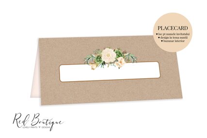 placecard cu hartie vintage kraft si flori crem