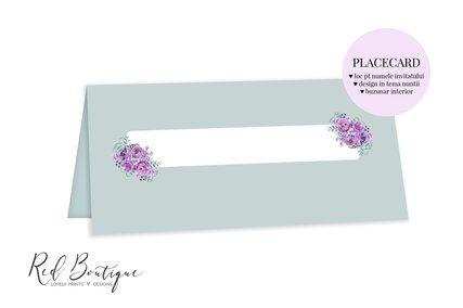 placecard cu loc pentru numele invitatilor si flori mov cu verde
