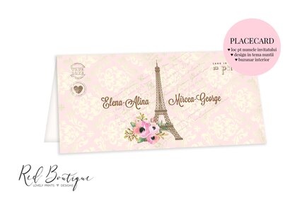 placecard de nunta cu paris si flori roz