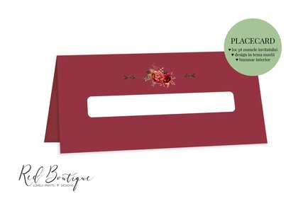 placecard rosu cu trandafiri si buzunar pentru bani