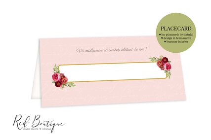 placecard roz cu flori rosii pentru dar de nunta