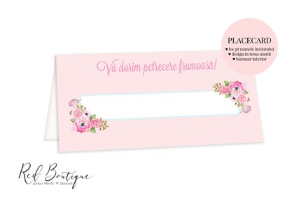 placecard albastru deschis cu flori pictate roz si loc pentru nume invitat