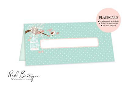 placecard cu dungi si pasari pe creanga