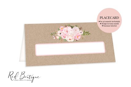 placecard vintage cu flori roz si buzunar pentru bani