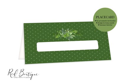placecard vintage cu verdeata si loc pentru bani si nume invitat