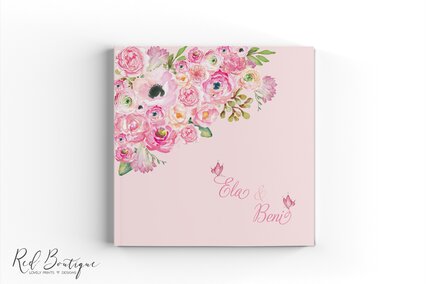guestbook pentru nunta roz cu flori pictate pe colt si fluturi roz