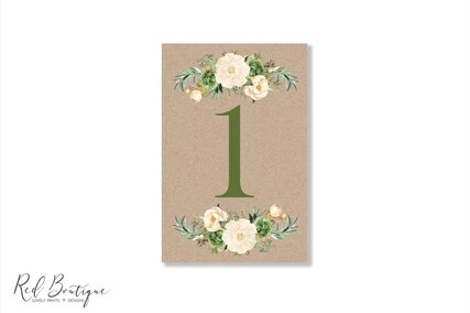 numar pentru masa de nunta sau botez pe carton vintage cu flori crem si frunze verzi