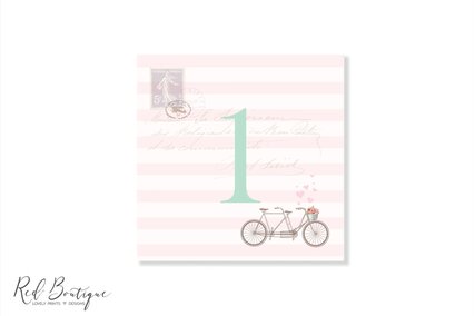 numere de nunta patrate pentru mese cu dungi roz si bicicleta