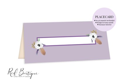 placecard mov cu lavanda si buzunar pentru bani si loc pentru nume invitat