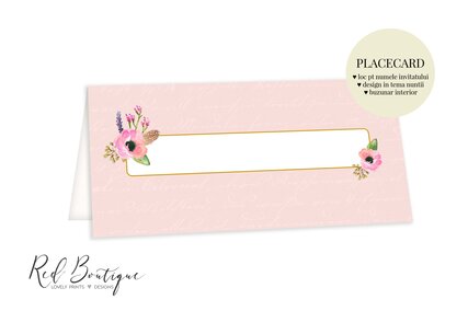 placecard cu anemone roz si frunze verzi cu loc pentru nume si buzunar de bani