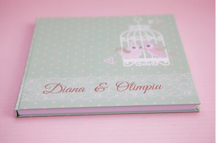 carte de oaspeti pentru nunta chic verde deschis cu buline si pasari roz in coliviecarte de oaspeti pentru nunta chic verde deschis cu buline si pasari roz in colivie