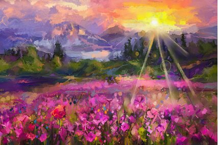 fundal foto cu apus de soare in camp de flori roz