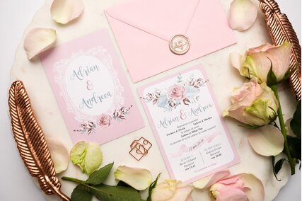 invitatie delicata roz cu flori