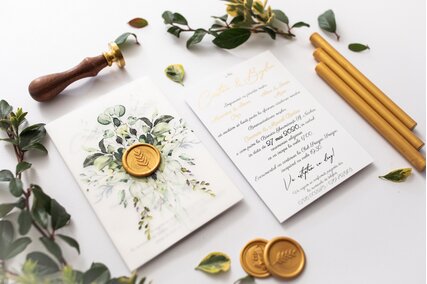invitatie eleganta greenery cu calc si sigiliu