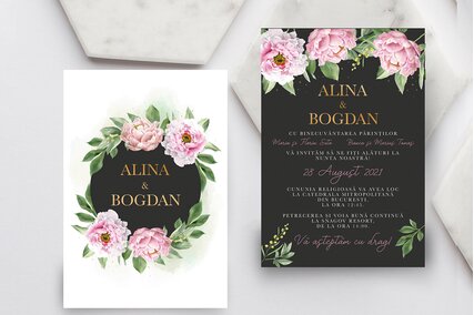 invitatie de nunta neagra cu flori roz