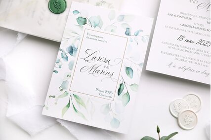 invitatie cu eucalipt si sigiliu