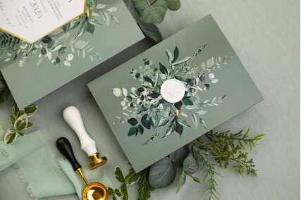 invitatii de nunta in gradina cu frunze si sigiliu de ceara alb