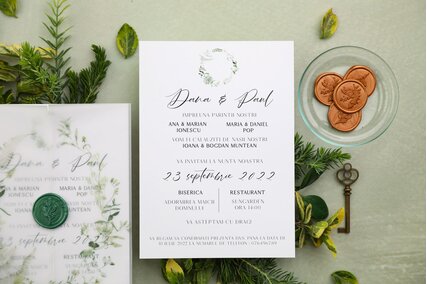 invitatie nunta alb cu verde