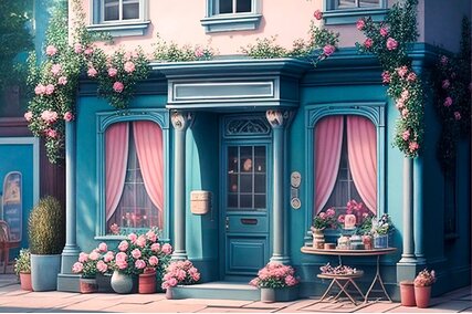 fundal cu butic albastru cu perdele roz si flori cu masuta pentru servirea ceaiului