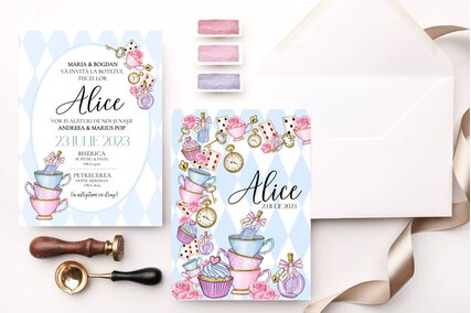 invitatie de botez fetite lila si roz cu plic si sigiliu