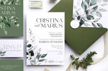 invitatie moderna cu frunze si scris modern