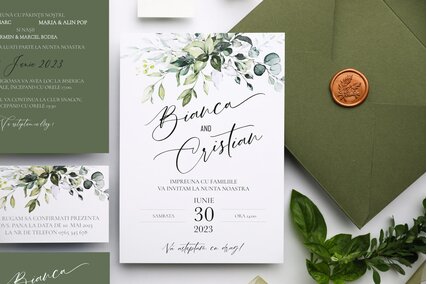 invitatie nunta moderna cu frunze verzi