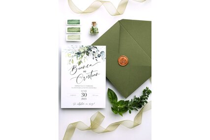 invitatie de nunta cu plic verde manual si sigiliu de ceara