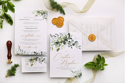 invitatie nunta greenery cu frunze verzi