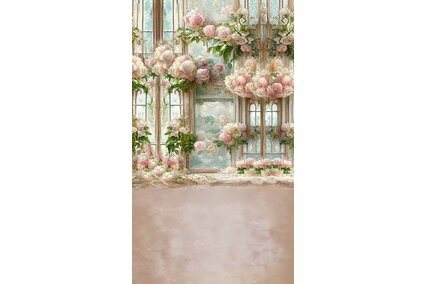 fundal foto de maternity cu flori roz si fereastra decorata