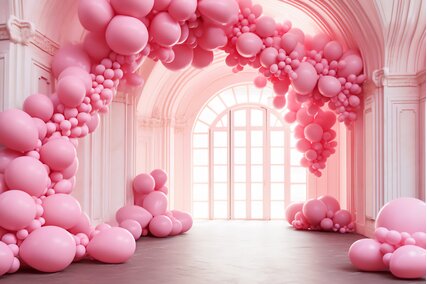 fundal foto cu baloane roz si fereastra alba