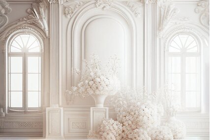 fundal pentru sedinte foto cu camera cu perete decorativ alb si flori albe in vase mari