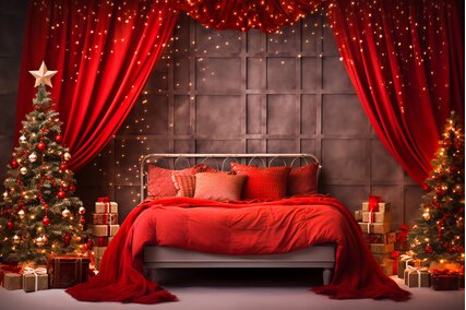 fundal pentru sedinte foto de Craciun cu un dormitor rosu decorat de sarbatoare