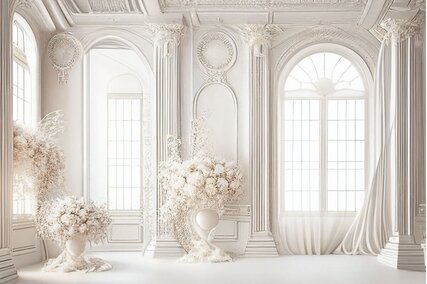 fundal foto cu interiorul unei camere albe decorate cu flori albe si perete ornamental
