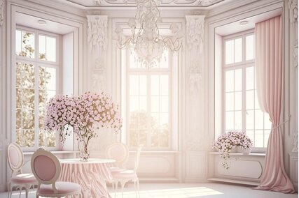 fundal foto in nuante pastelate cu ferestre decorative si interiorul unei camere cu flori de cires
