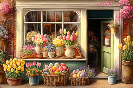 fundal foto de Pasti cu magazin cu flori de primavara si cosulete cu oua colorate de Pasti