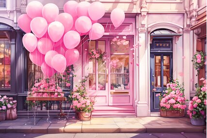 fundal foto cu o florarie roz si baloane roz in fata cu flori pastel