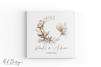 guestbook pentru nunta in stil boho cu elemente vegetale crem si maro si iarba decorativa