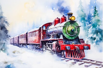 fundal foto cu trenul express polar de culoare rosie pentru sedinte foto de Craciun