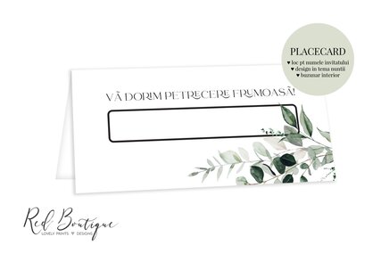 placecard cu scris modern si frunze verzi