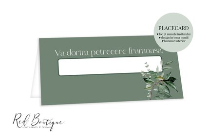 placecard nunta cu verde si frunze