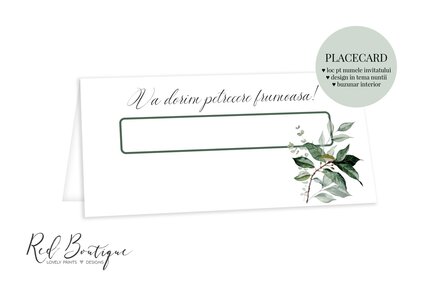 placecard cu buzunar interior pentru bani si elemente vegetale verzi