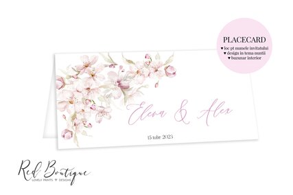 placecard alb cu flori roz de cires